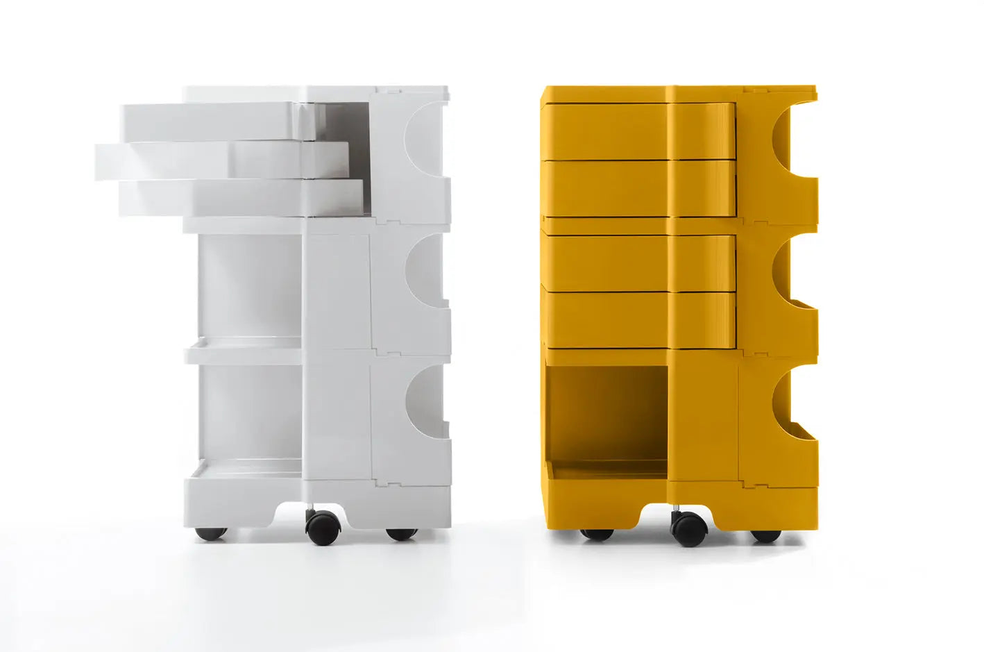 The Boby Trolley Medium with 3 drawers, seen here In the colour white and honey. Available exclusively at Bob and Friends.