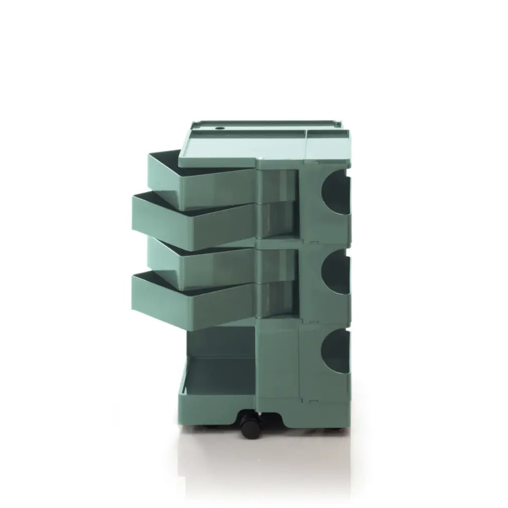 The Boby Trolley Medium with 4 drawers, seen here In the colour verdigris. Available exclusively at Bob and Friends.