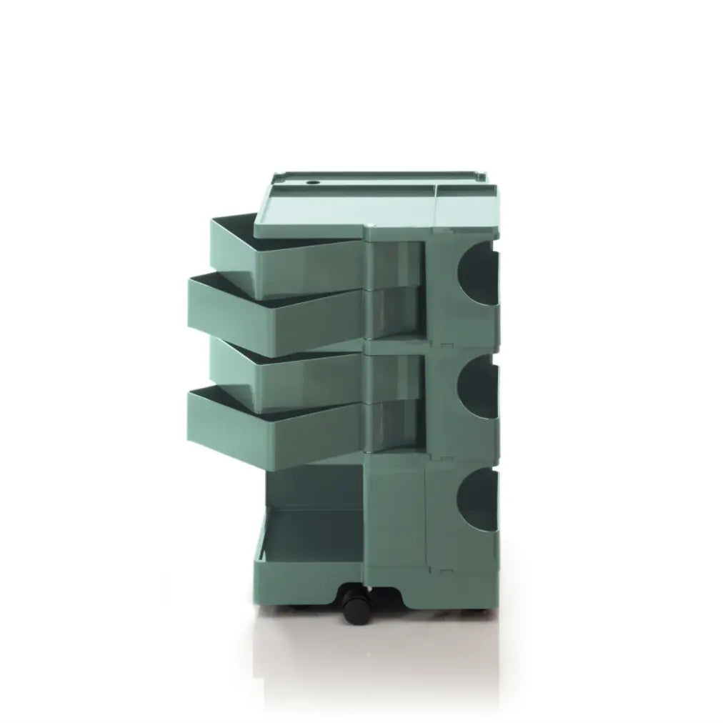 The Boby Trolley Medium with 4 drawers, seen here In the colour verdigris. Available exclusively at Bob and Friends. 