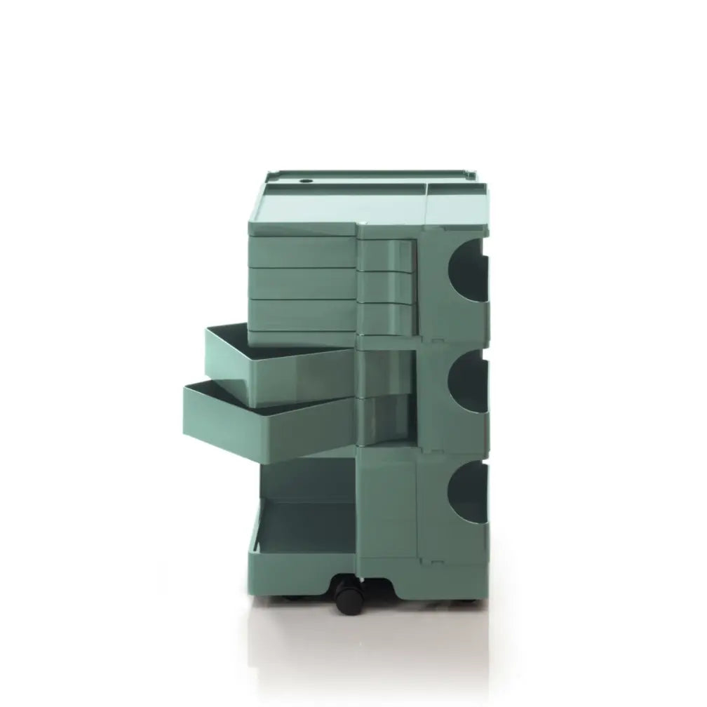 The Boby Trolley Medium with 5 drawers, seen here In the colour verdigris. Available exclusively at Bob and Friends. 